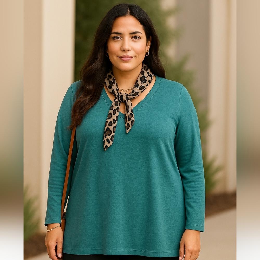 @) Sonoma 4X Women’s Plus Long Sleeve V-Neck Top – Teal Blue Green Cotton Tee